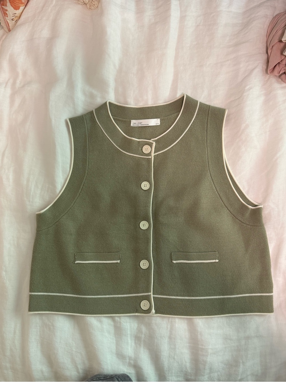 OAK + FORT Green Knit Button Cardigan with Cream Trim